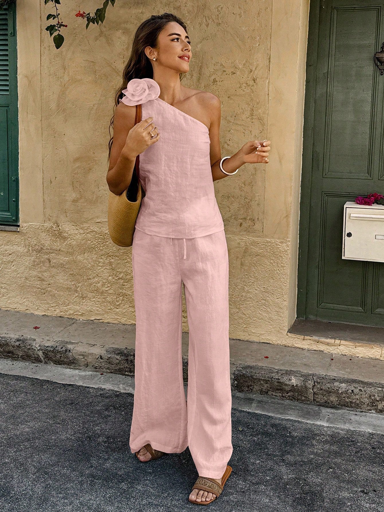 One-Shoulder Floral Pants Co-ord Set
