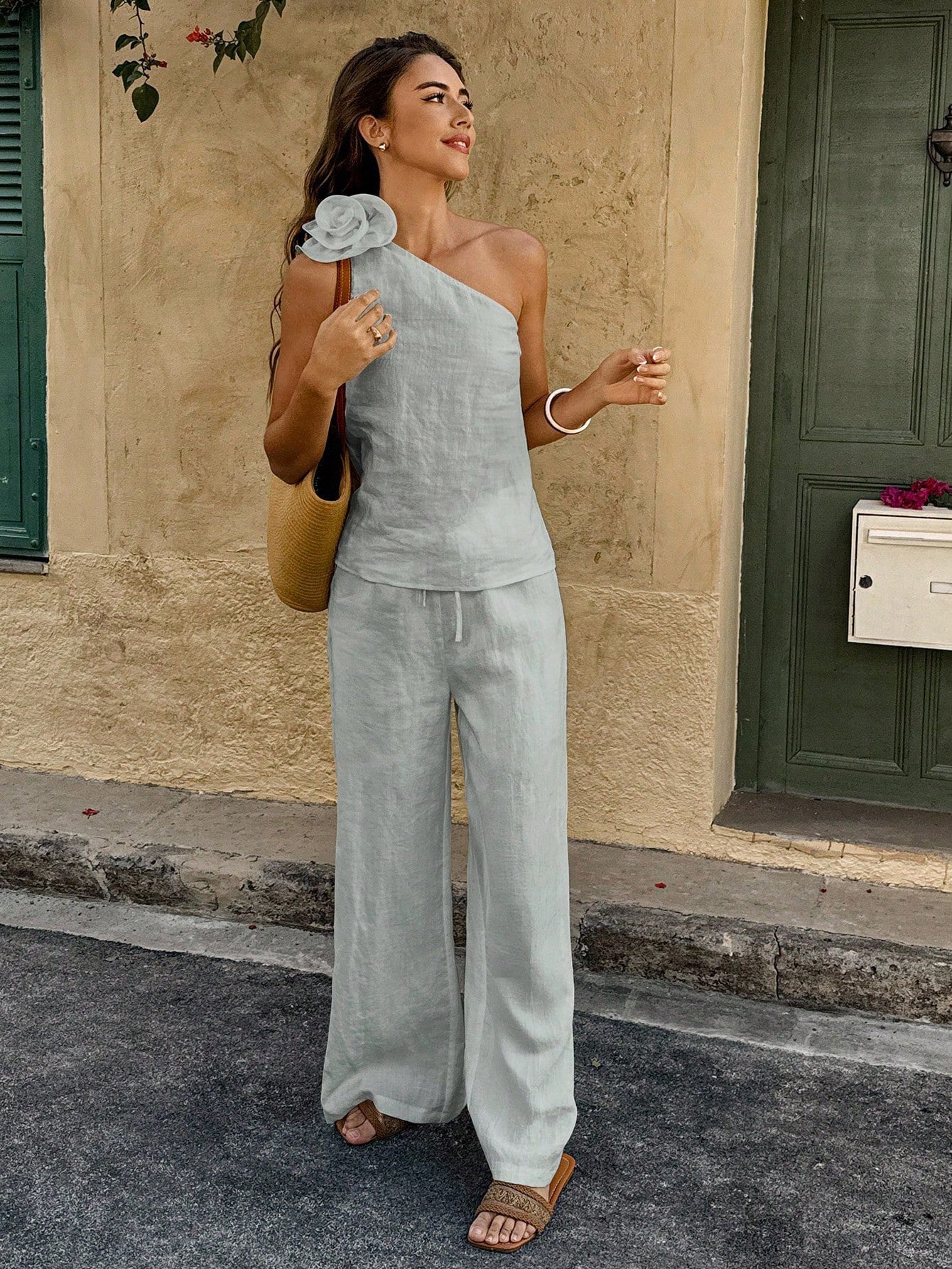 One-Shoulder Floral Pants Co-ord Set