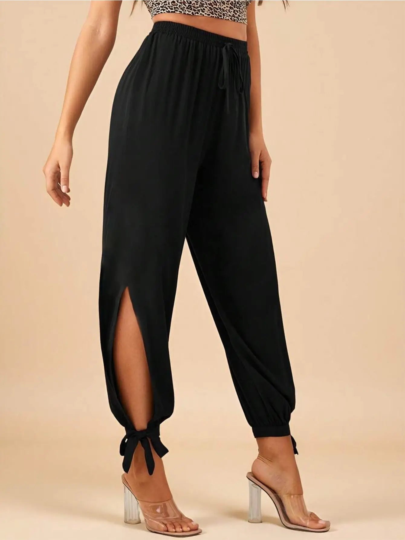 Tie-Cuff Slit Harem Pants
